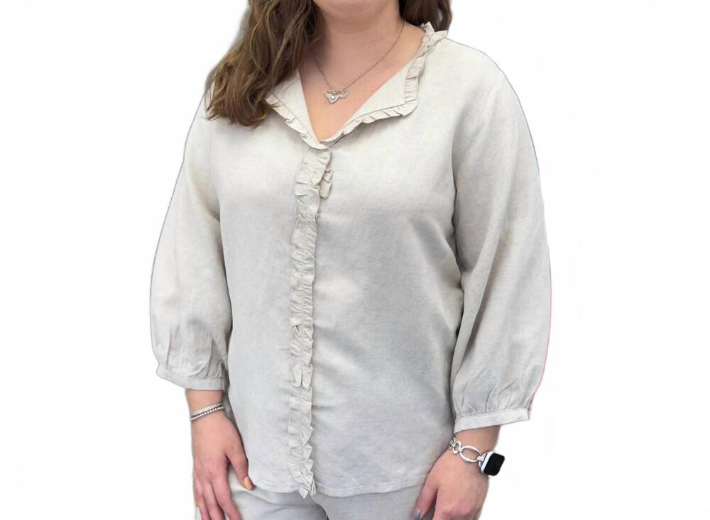 NEW TOOFAN v-neck ruffle trim tunic top in be